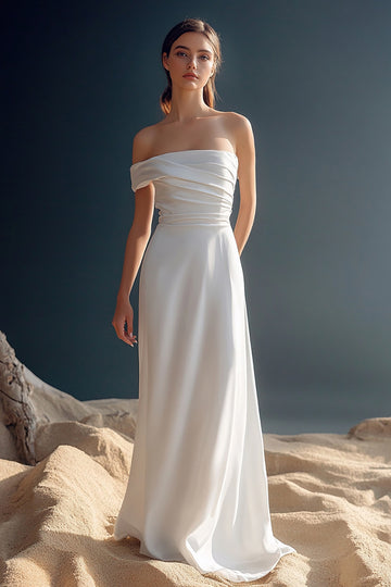 One Shoulder Satin A Line White Engagement Dress